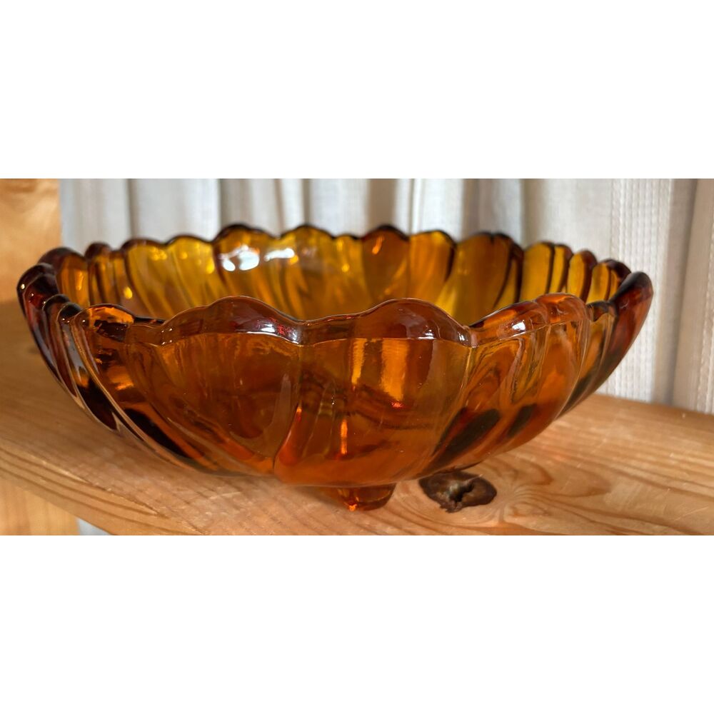 MCM Indiana Glass Company Honey Amber Sunflower 3-Footed Large Serving Bowl